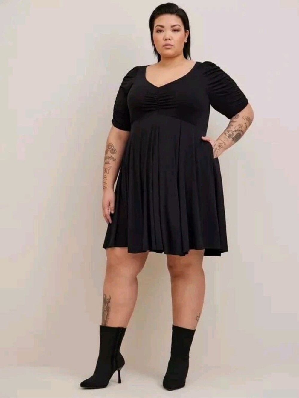 Torrid Studio Knit Mini Dress Cinch Front Puff Sleeve Black Size 1 1X 14/16